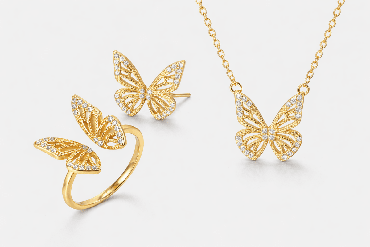 Conjunto “Mariposa de Luz” – Plata 925 con Baño de Oro y Zirconias