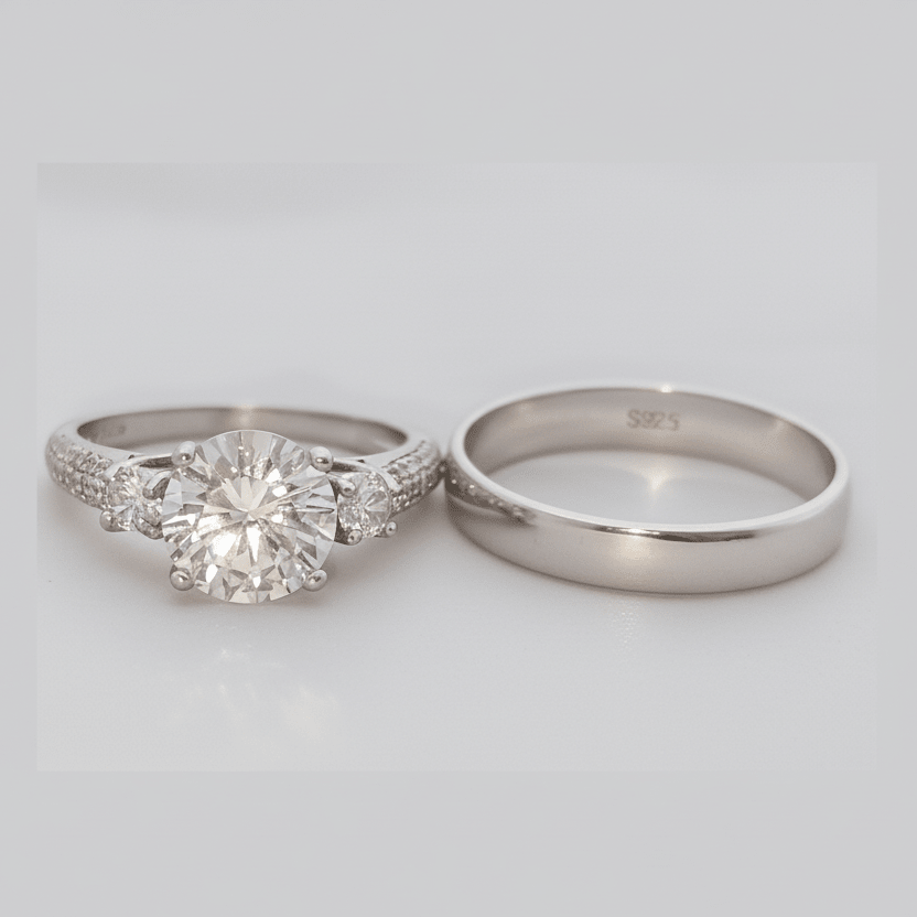 Diseño clásico, de plata de ley 925 y preciosas zirconias cúbicas: este hermoso dúo de anillos de boda es ideal para tu día más especial.