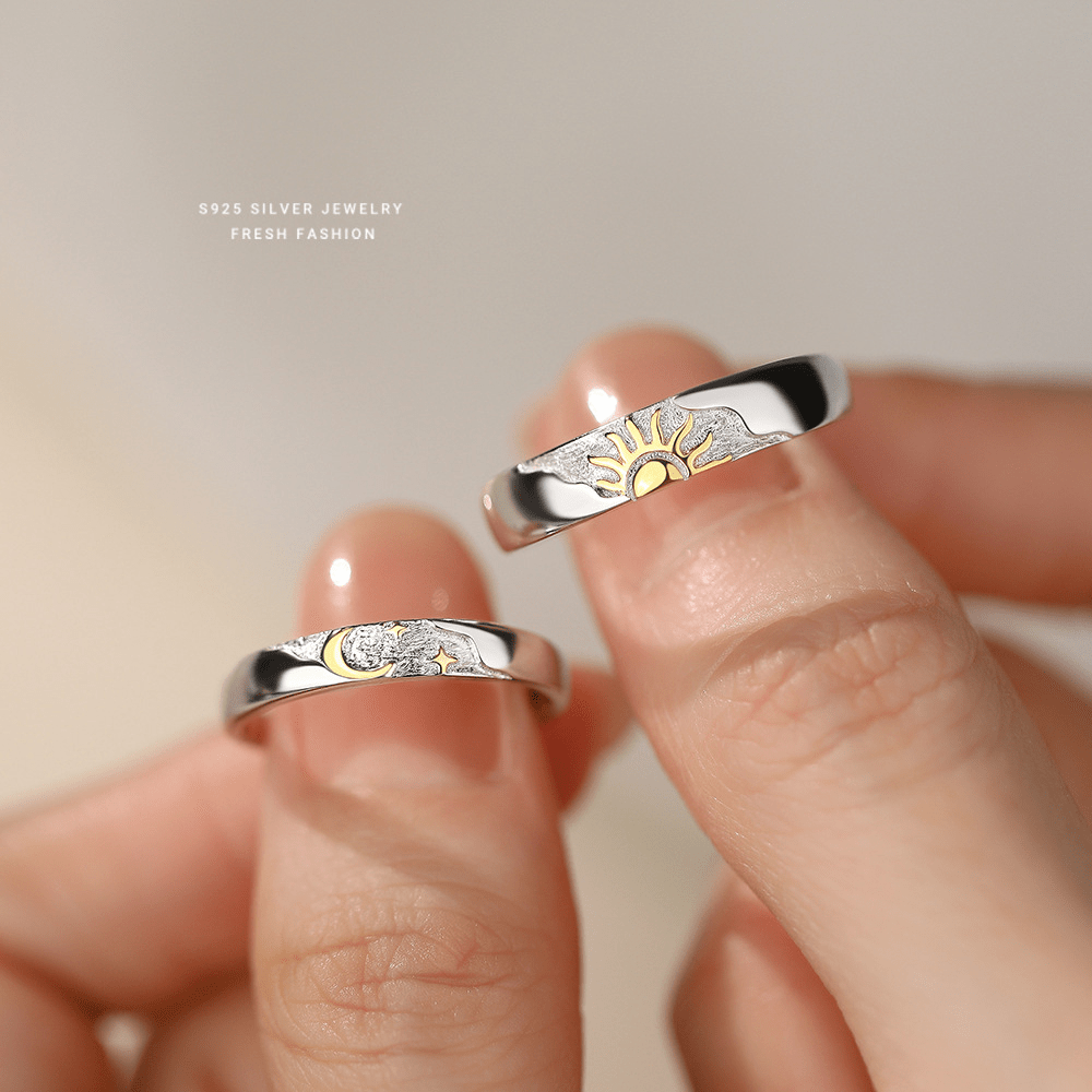 Dúo Anillos Sol y Luna – Plata 925 con Detalles Dorados