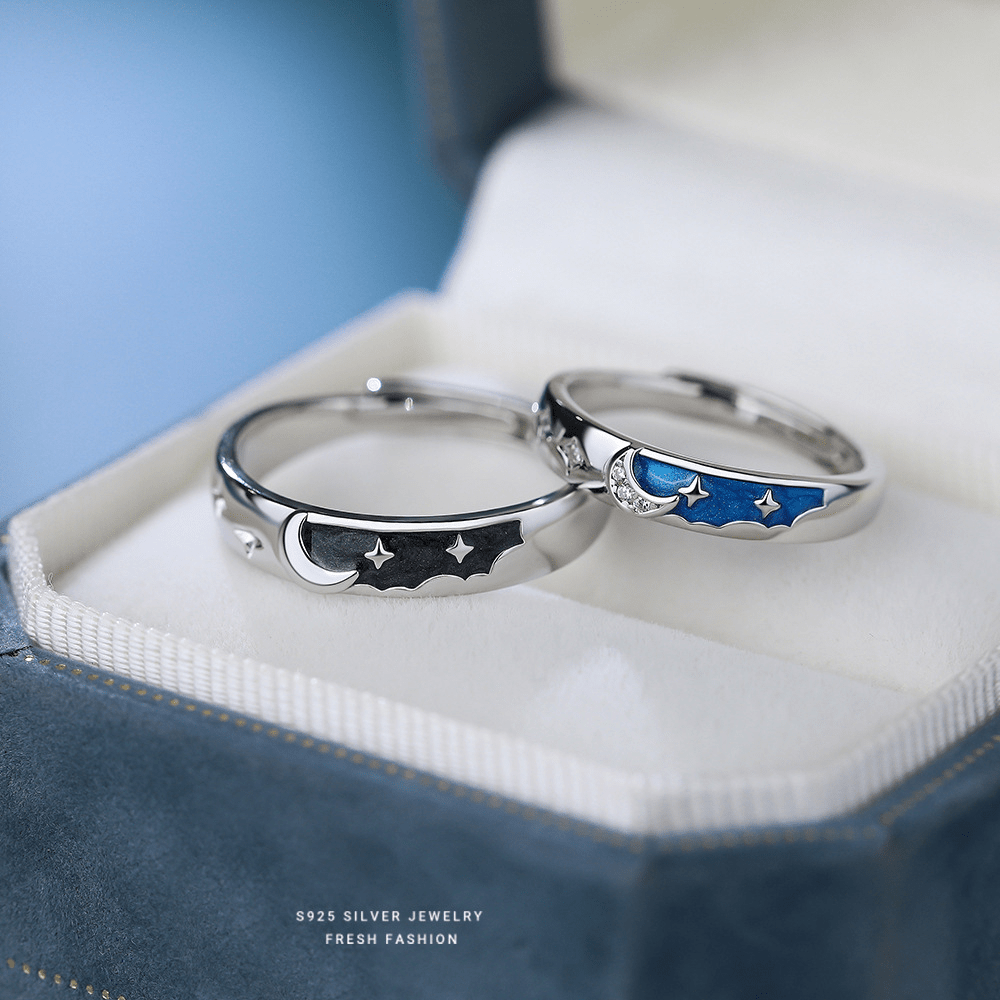 Dúo Anillos Universo – Plata 925 con Esmalte Negro y Azul