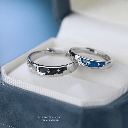 Dúo Anillos Universo – Plata 925 con Esmalte Negro y Azul
