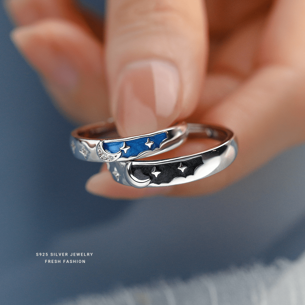 Dúo Anillos Universo – Plata 925 con Esmalte Negro y Azul