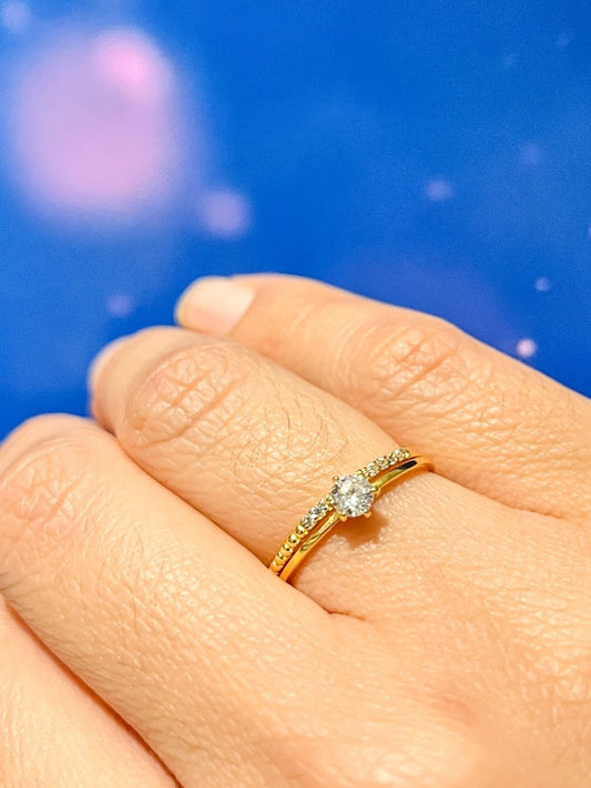 Dúo de Anillo Argolla Medio círculo Zirconias con Anillo Clásico con Zirconia Cúbica Brillante de Plata con Baño de Oro 14K