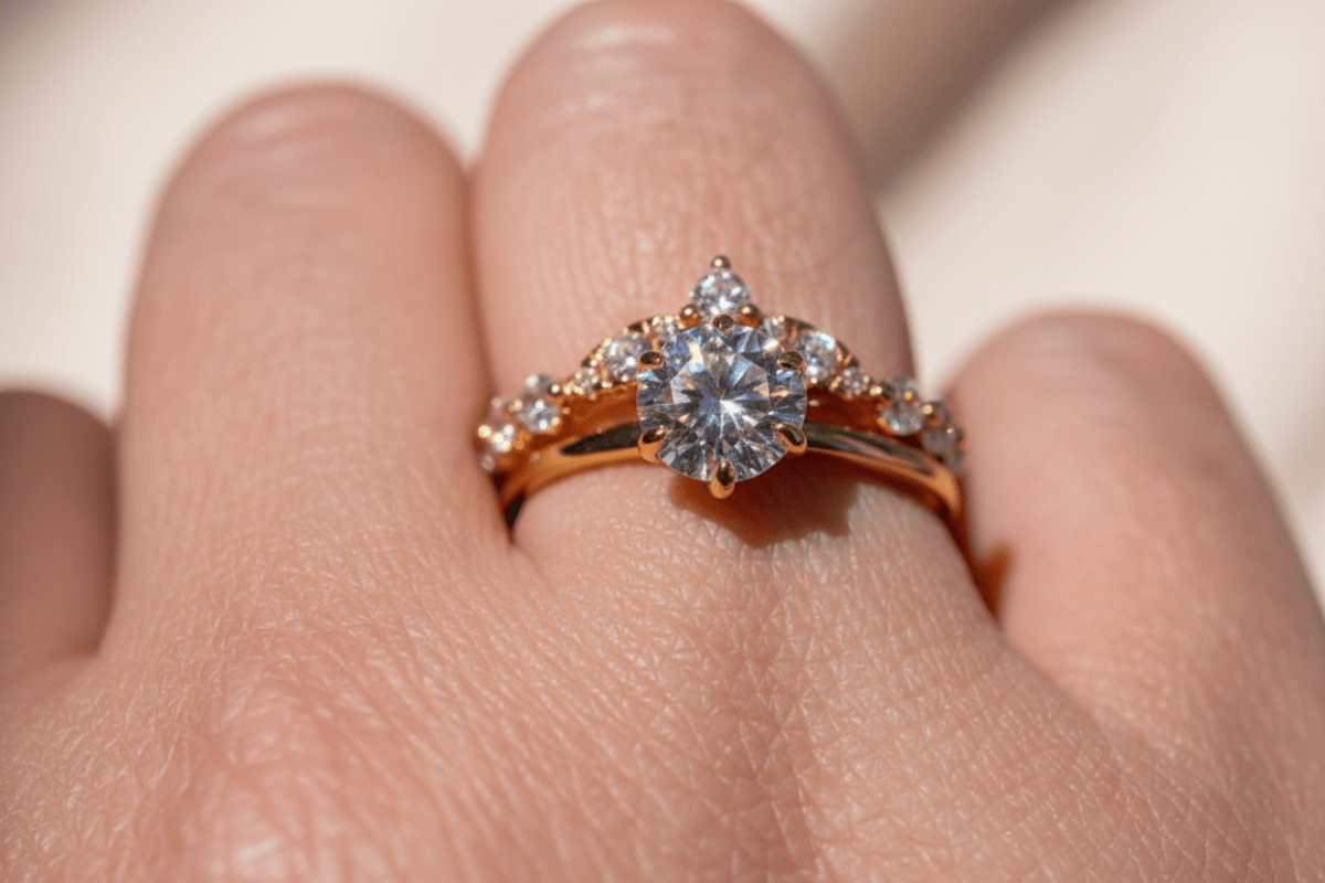 Dúo de anillos de plata 925 con baño de oro 18K: anillo solitario con moissanite y argolla V con zirconias