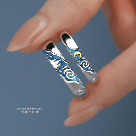 Dúo Noche Estrellada – Anillos en Plata 925 con Esmalte Azul y Detalles Dorados