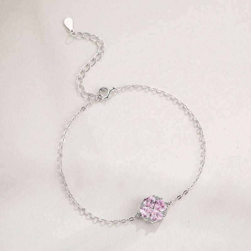 Pulsera de trébol de Cuatro hojas de Corazones con Zirconias Rosadas y blancas de Plata de 925