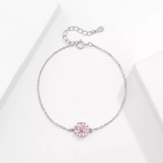 Pulsera de trébol de Cuatro hojas de Corazones con Zirconias Rosadas y blancas de Plata de 925