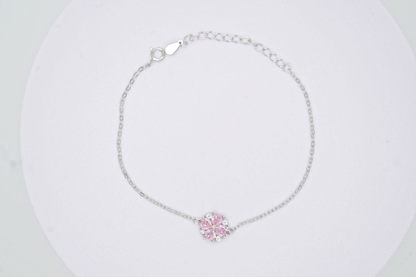 Pulsera de trébol de Cuatro hojas de Corazones con Zirconias Rosadas y blancas de Plata de 925