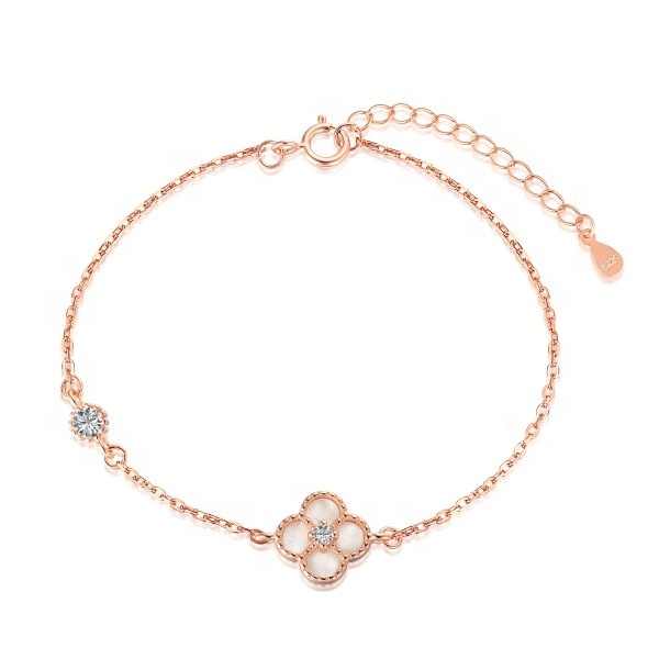 Pulsera en forma de trébol blanco de cuatro hojas hecha de plata 925 Gold Rose