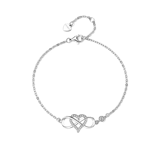 Pulsera en plata 925 bañada en rodio 925 con zirconias Cz y diseño de corazón infinito. Regalo único para el ser querido.