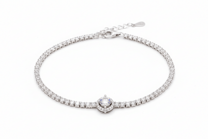 Pulsera Tennis con Centro Halo en Plata 925 y Zirconias Cúbicas