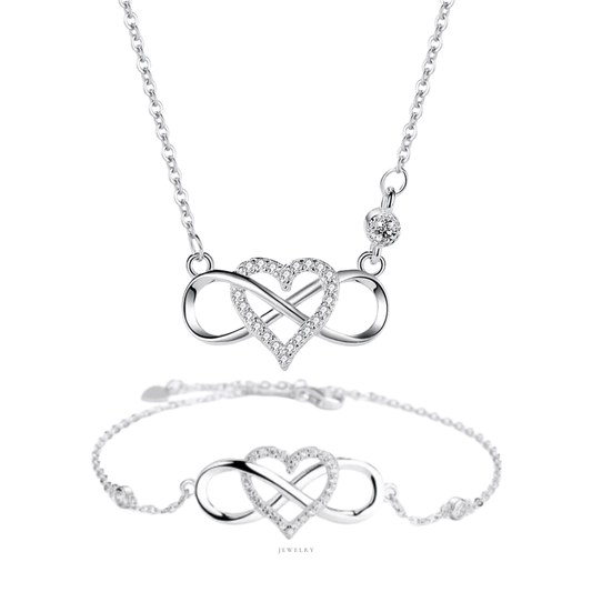 Set  corazón infinito con cadena y una pulsera con un corazón y símbolo infinito