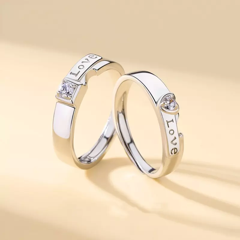 Anillos de pareja de plata 925, Anillo un solo corazón, Plata 925 y zirconias